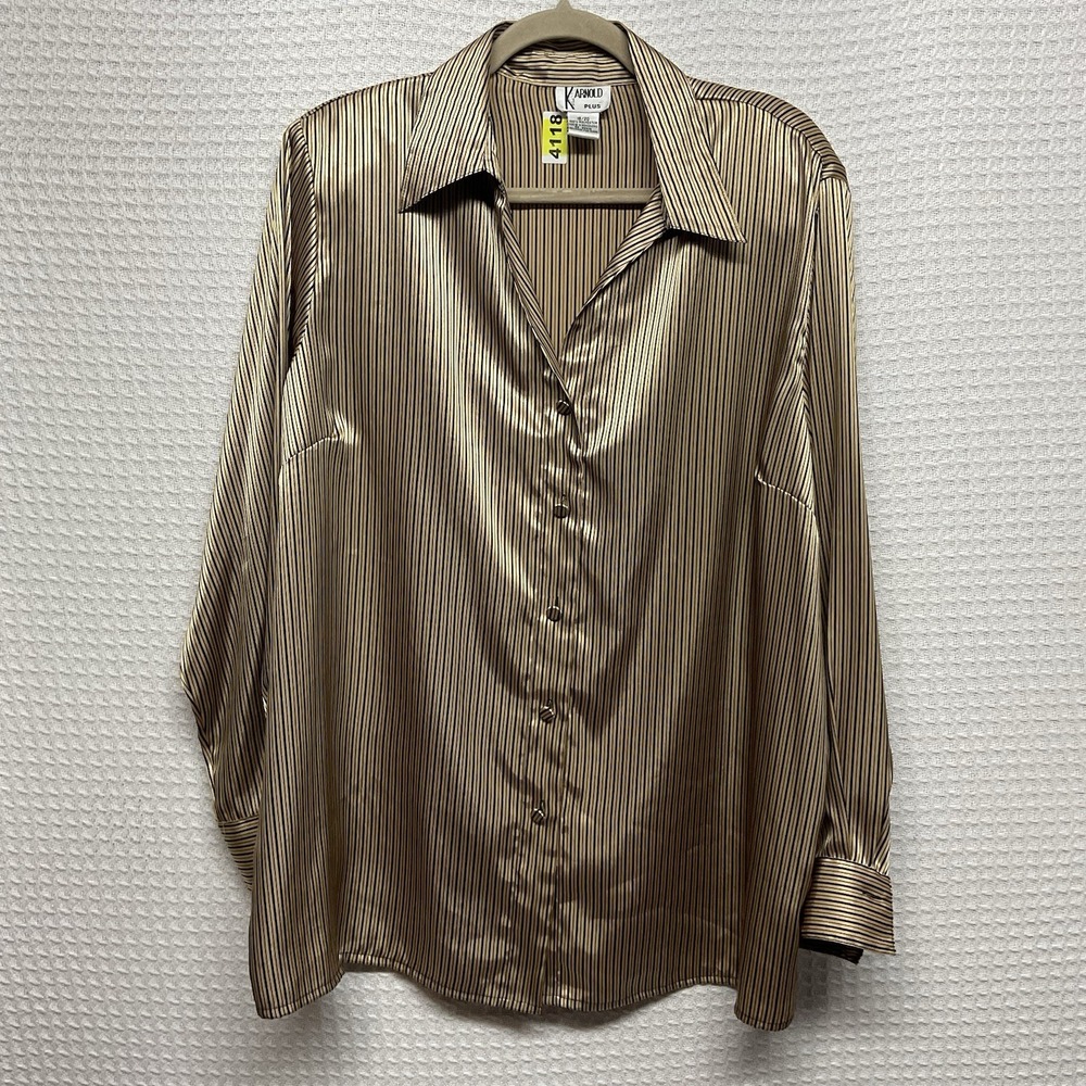 Vintage K Arnold  Liquid Gold,Blouse Womens 18/20 Button Down Black Stripes Y2K